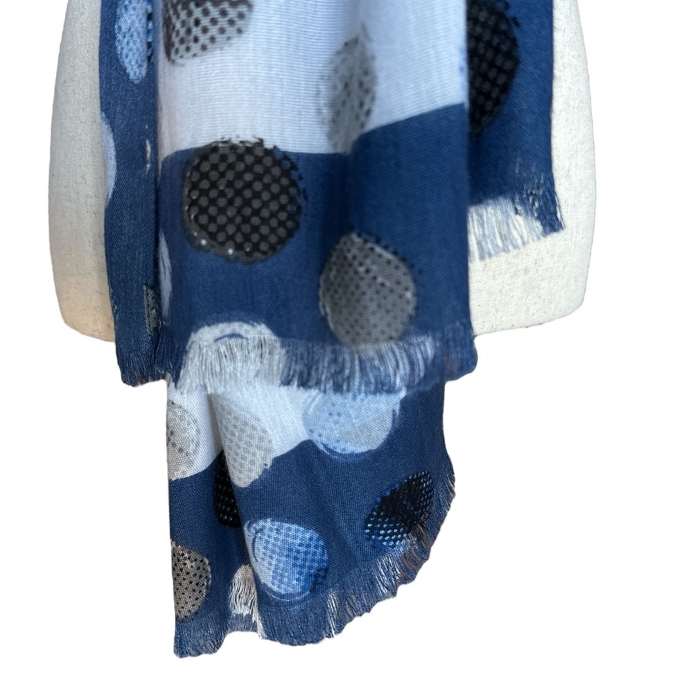 White House Black Market Blue Polka Dot Printed Scarf Fringe Edges Gift For Her - Picture 6 of 10